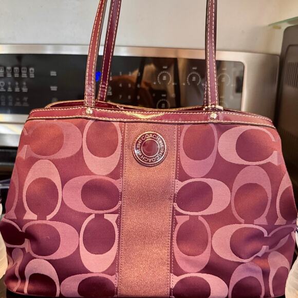 Coach Signature Purple Jacquard Shoulder Bag Tote – Leather Trim, Size: Large - Picture 12 of 12